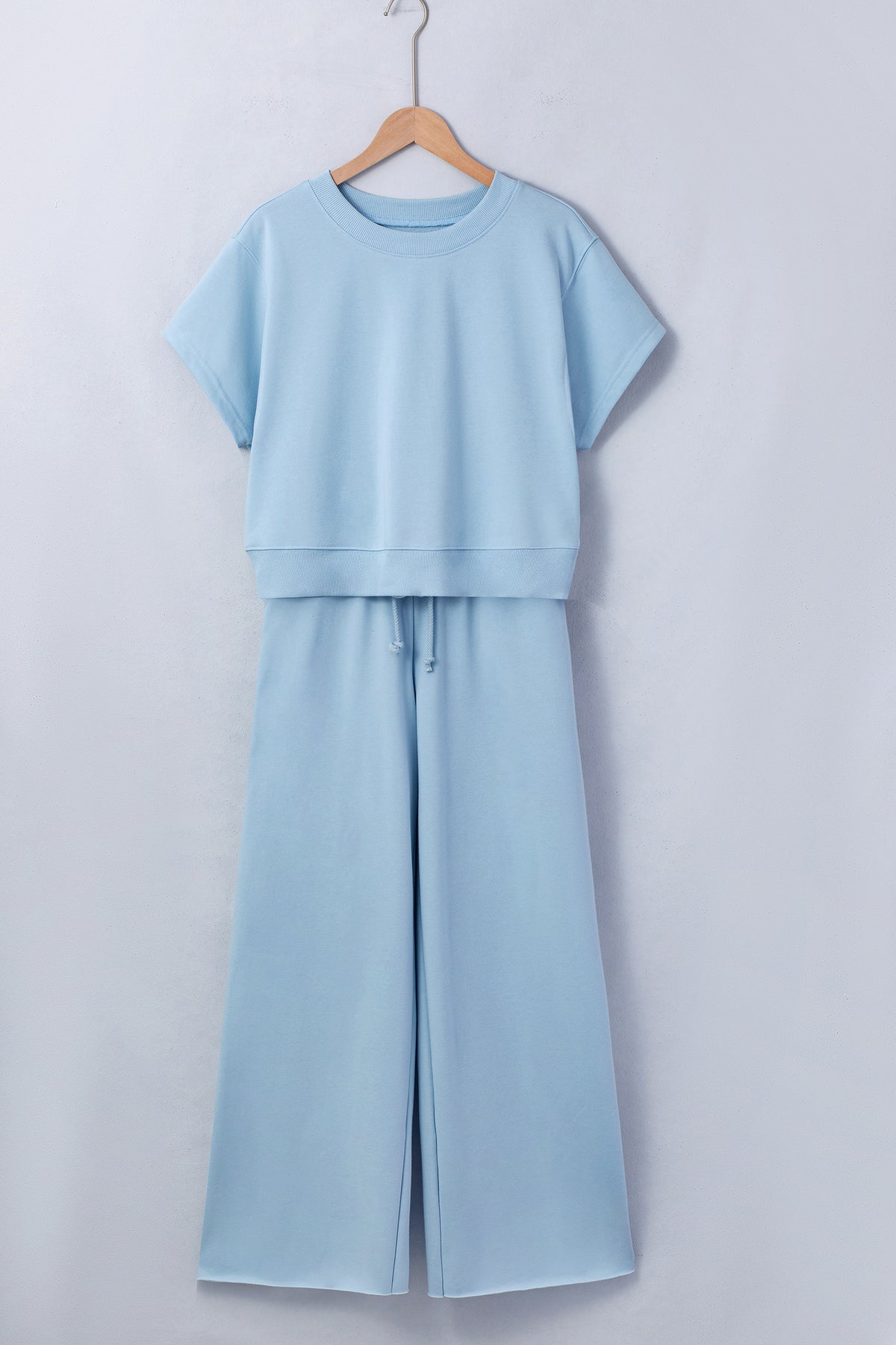 Clearly Aqua Solid Color Loose Tee Drawstring Wide Leg Pants 2pcs Outfit