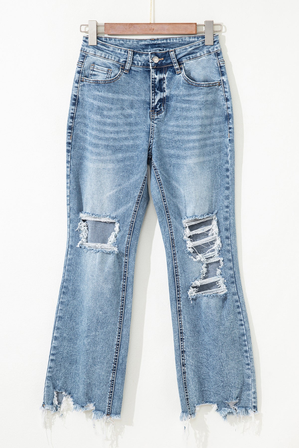 Myosotis Raw Hem Ripped Open Knee Fit Flare Jeans