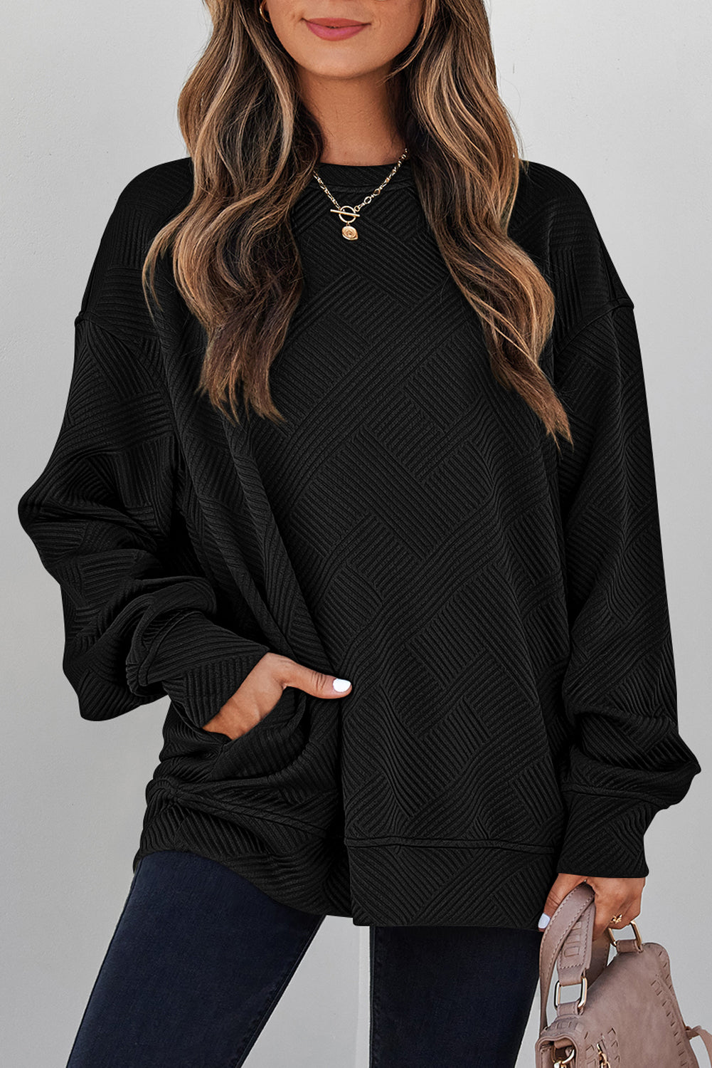 Coffee Solid Color Textured Round Neck Drop Shoulder Pullover Sweatshirt